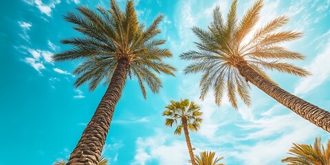 Coconut palm tree on blue sky background. Tropical summer background.