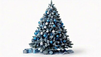 A decorated christmas holiday tree isolated on a white wall with wood flooring background with room for text