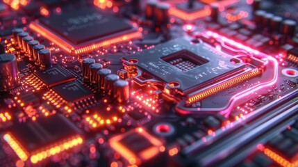 Obraz premium Conceptualize a neon exhibit of hardware symbols, featuring shining CPUs