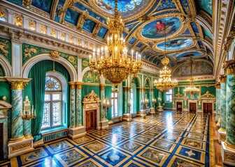 Obraz premium Luxury Palace Interior with Blue Green and Gold Marble for Opulent Wedding Background in Classic Style