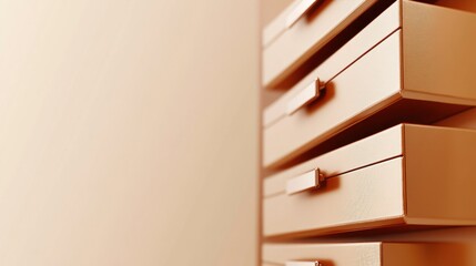 Fototapeta premium Close-up of a set of drawers with a wood-like finish against a light background.