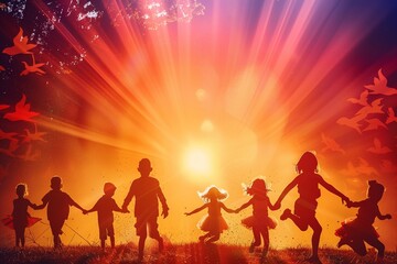 silhouette of children play on field at sunset