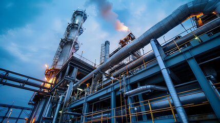 Fototapeta premium coal fired power station and Combined cycle power plant at sunset, low angle view, concept background for energy and environmeent and pollution
