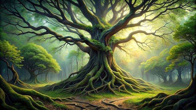 Enchanted forest tree with twisted roots and branches