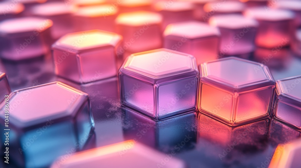 Poster a collection of hexagonal glass pieces in shades of purple, pink, and blue rests on a reflective sur