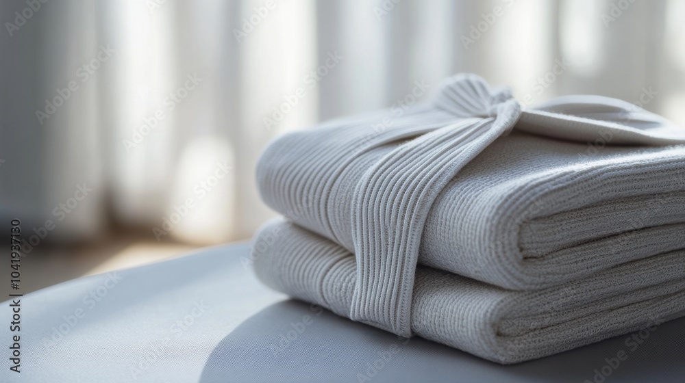 Aufkleber a pair of minimalist sportswear items are folded neatly on a smooth table, capturing a sense of orde