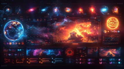 Design a collection of neon weather tracking symbols, including shimmering