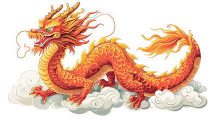 A vibrant illustration of a mythical dragon on white background, characterized by its fiery colors and dynamic pose amidst clouds.