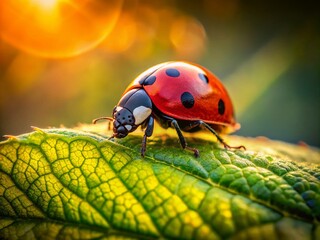 Naklejka premium Macro Shot of Ladybug on Green Leaf - Nature Photography, Close-Up, Insects, Wildlife, and Natural Beauty