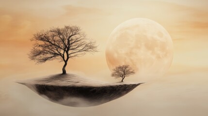 Fototapeta premium A serene landscape featuring two trees on floating islands against a soft orange sky and a large, luminous moon.