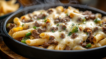 A steaming plate of Philly cheesesteak pasta, with gooey provolone cheese melting over pasta, bits of browned cheese edges, saut&eacute;ed onions and green peppers, shot with a telephoto lens