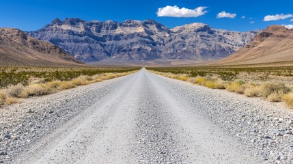 A gravel road stretches towards majestic mountains under a clear blue sky, surrounded by desert vegetation.
