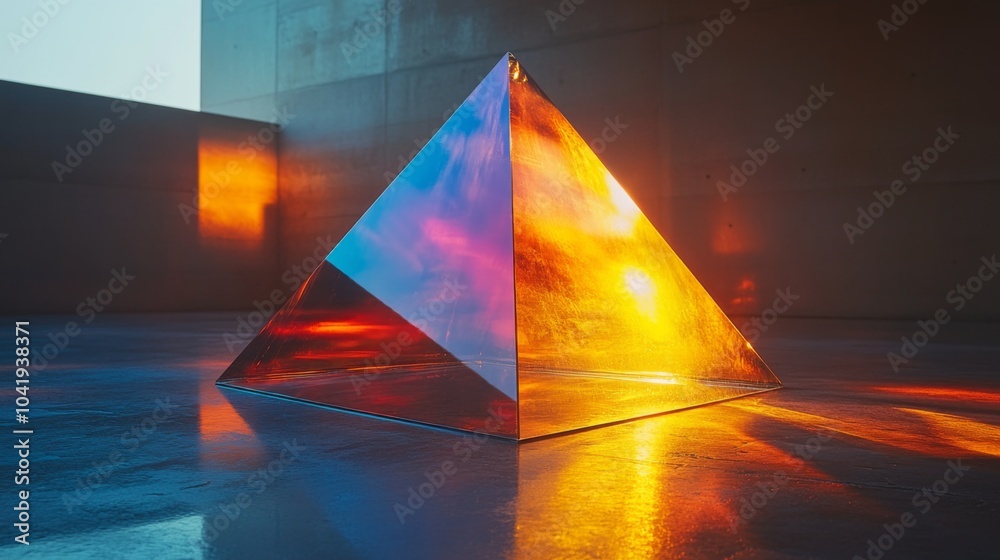 Aufkleber a stunning glass pyramid sits in an illuminated modern room, casting reflections of vibrant colors a