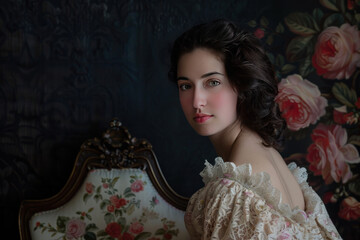 Fototapeta premium A fine art portrait inspired by classical paintings, with the subject dressed in period clothing, posed elegantly against a rich, dark backdrop