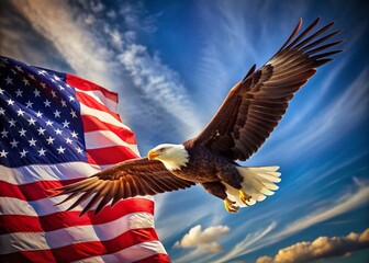 Fototapeta premium Majestic Bald Eagle with American Flag Symbolizing Freedom and Pride