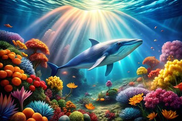 Fototapeta premium Majestic Blue Whale Swimming Among Vibrant Coral Reef at the Ocean Floor