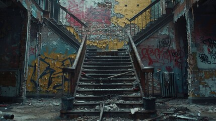 Graffiti-Covered Wall Inside an Abandoned House with Urban Decay