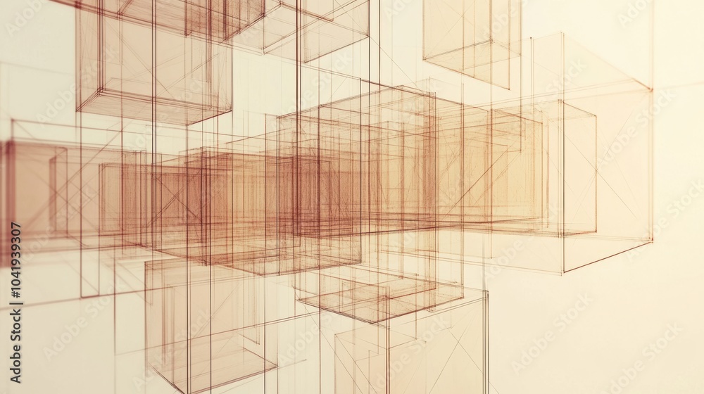 Poster Cubes of different sizes and shades are interconnected by diagonal lines against a soft light backdrop, creating an abstract layout. Generative AI