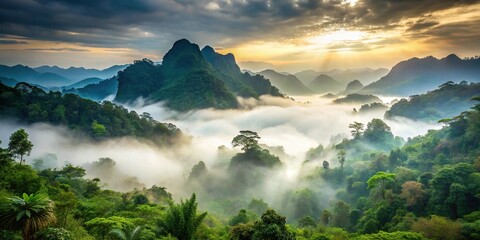 Fototapeta premium foggy jungle landscape with clouds and mist