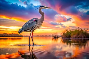 Majestic Great Blue Heron Silhouette Against a Vibrant Sunset Sky