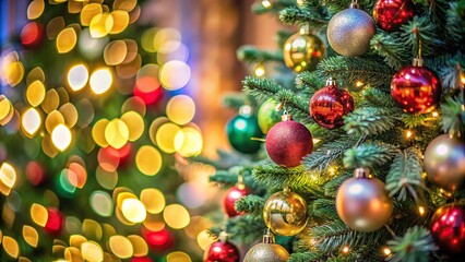 Defocused Christmas tree with various decorations like baubles and lights