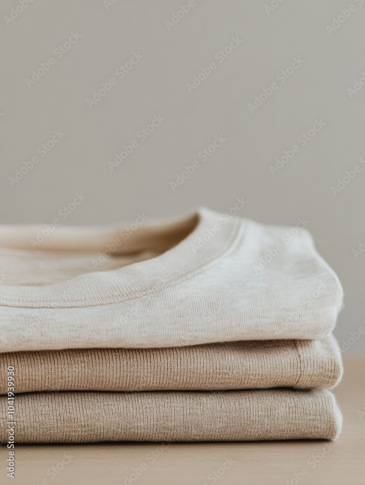 Leinwandbilder Neatly arranged minimalist sportswear is folded on a smooth table, highlighting its clean lines and soft textures in natural light. Generative AI
