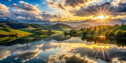 Majestic Landscape with Rays of Light Breaking through Clouds at Sunrise