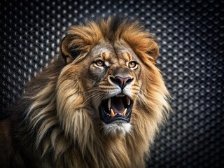Fototapeta premium Majestic Lion Roaring Portrait with Sharp Fangs and Weave Pattern Background for Text Enhancement