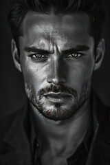 Obraz premium A high-contrast black-and-white headshot, capturing a serious and focused expression, with sharp lighting accentuating facial features
