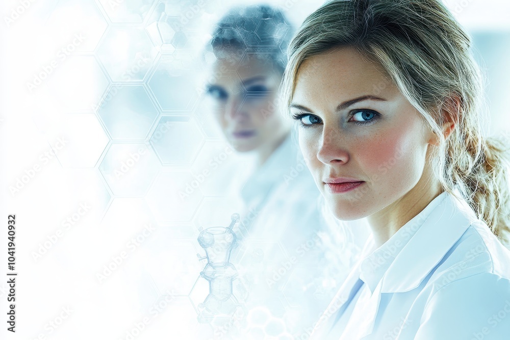Poster focused scientist working in a lab with a colleague visible in the background during daylight hours