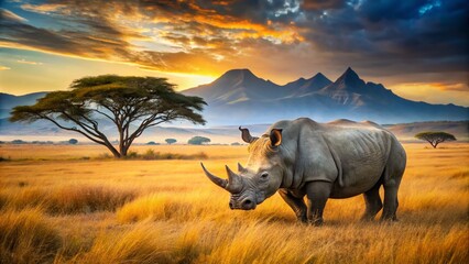 Fototapeta premium Majestic Rhino in a Vibrant African Landscape - High Dynamic Range Photography