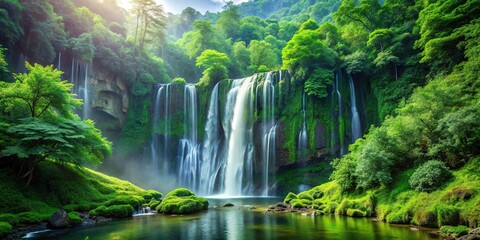 Forced perspective lush green forest with majestic waterfall cascading down cliff