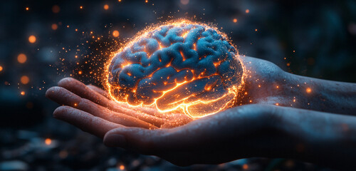 A luminous blue brain cradled in hands, symbolizing enlightenment and curiosity. Ideal for mental health campaigns, educational content, and technology promotions.