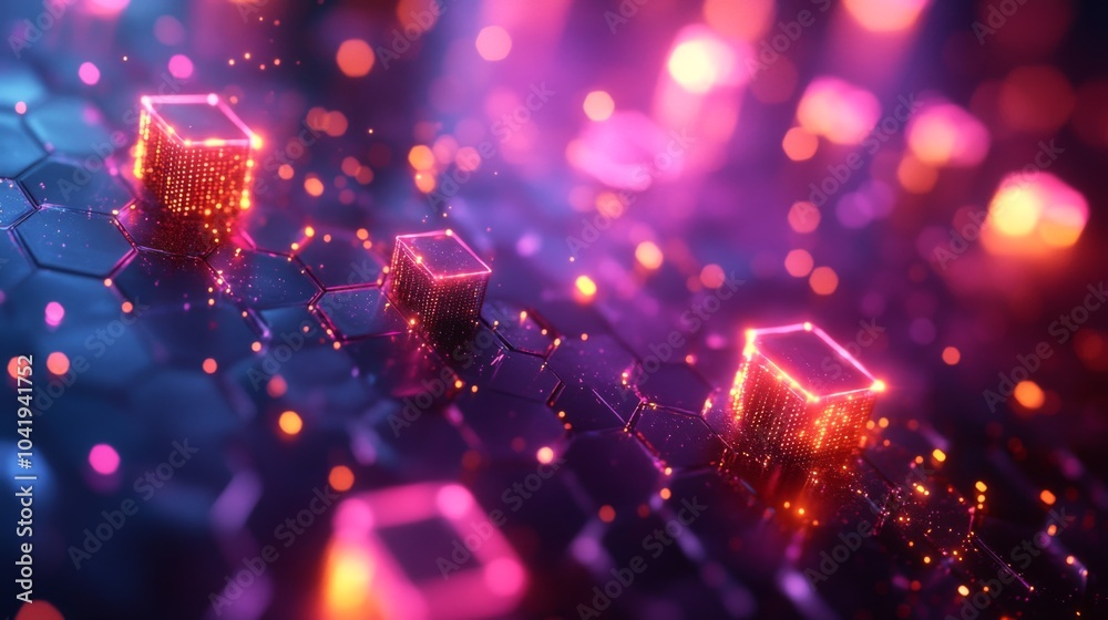 Poster Illuminated cubes rest on a hexagonal grid, surrounded by vibrant neon colors, creating a mesmerizing abstract digital landscape at night.