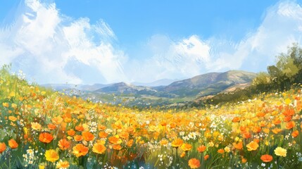 Fototapeta premium Vibrant Flower Field Under Blue Sky