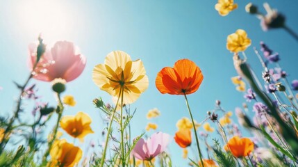 Colorful Wildflowers Under Bright Blue Sky