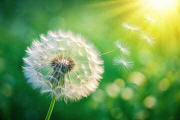 Delicate dandelion flower blowing in breeze against green background