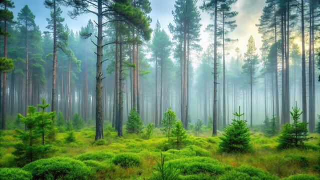forest scene with tall pine trees and underbrush