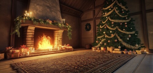 Obraz premium A cozy cottage interior with a roaring fireplace, a tall Christmas tree covered in natural ornaments, and a large rug spread in front of the fire. 