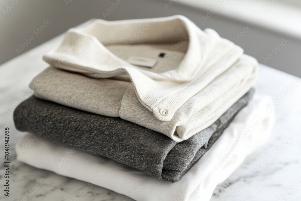 Poster folded minimalist sportswear sits on a smooth table, showcasing a simple but stylish collection perf