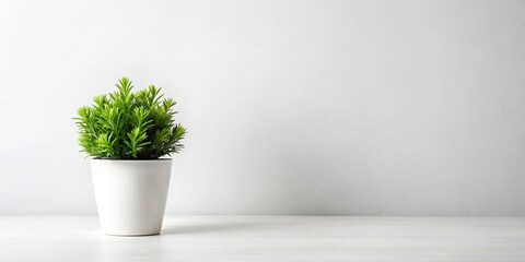 Green plant in minimalist white pot on white background