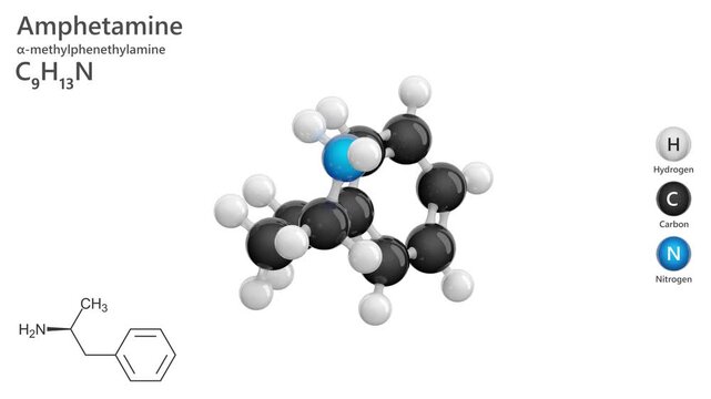 Amphetamine. Animated 3D model of a molecule. Molecular formula: C9H13N. Chemical model: Ball and stick. Stimulant. Drug. White background. 3D rendering. Seamless loop.