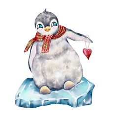 watercolor funny penguins on ice