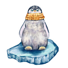 watercolor funny penguins on ice