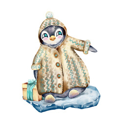 watercolor funny penguins on ice