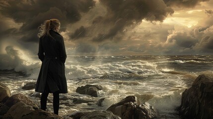 Businesswoman Facing Stormy Seas - Symbolizing Challenges and Resilience in the Corporate World