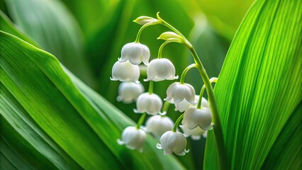 Delicate lily of the valley flowers with bell shaped white blooms and lush green leaves, extreme close-up