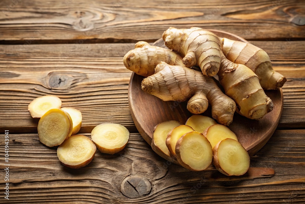Wall mural freshly sliced ginger root arrayed on a rustic wooden table panoramic