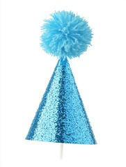 Shiny Blue Party Hat with Sparkling Glitter and Fluffy Pom-Pom