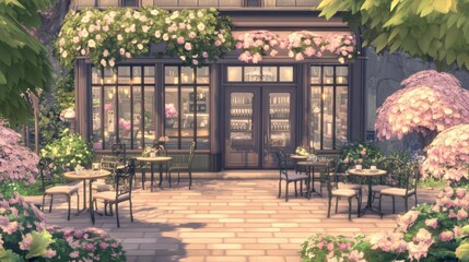 Fototapeta premium Charming Floral Cafe with Outdoor Seating Area